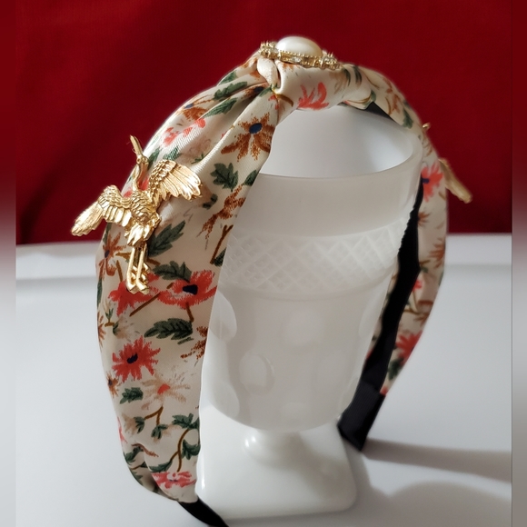Headband crane heron bird floral satin vintage style handmade pearl crystals new - Picture 1 of 10